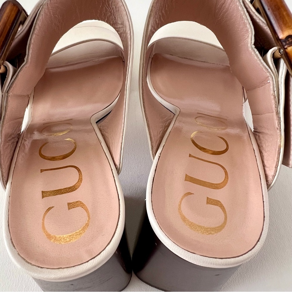 GUCCI || Bamboo Buckle Mule Sandals White Leather Block Heel EU 37 - Picture 11 of 16